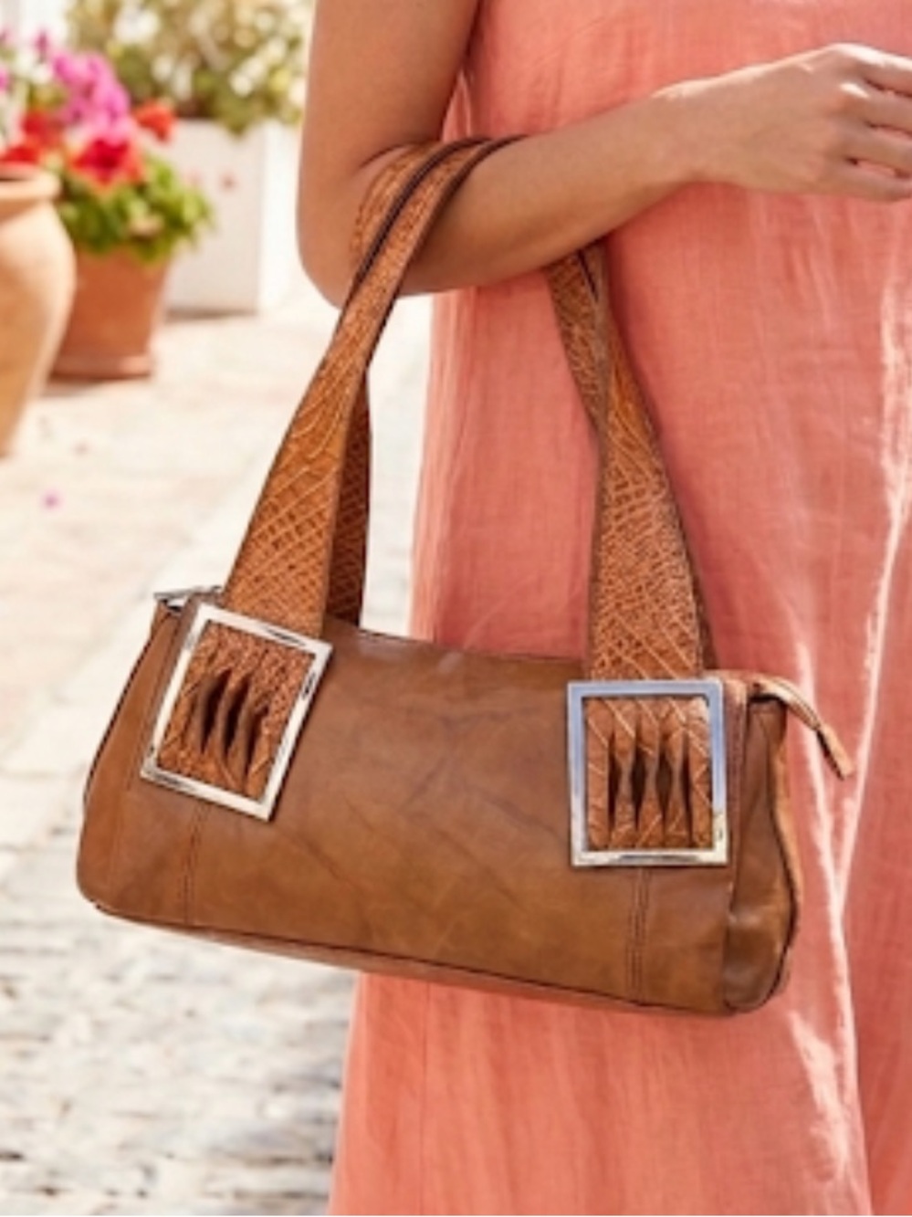M.C. Embossed NEW Genuine Leather Shoulder Bag Camel Color Silver Accents NWT